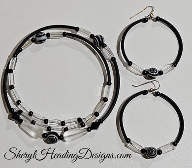 Black and Crystal Choker Necklace with Hoop Earrings