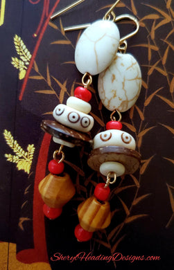 Dingle Dangle Red and Wood with an African Bead Earrings