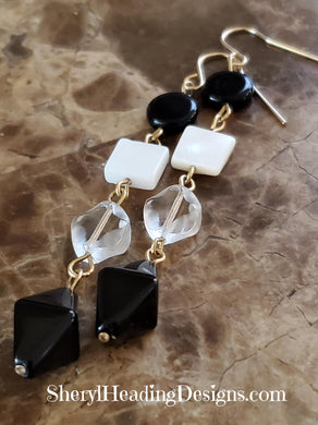 Dangling Earrings in Black, White and Crystal