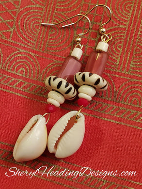 Cowrie Shell Dangle Earrings with Red, Black and White Beads - Sheryl Heading Designs