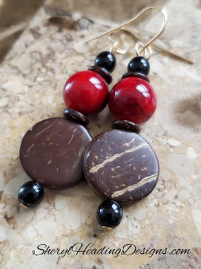 Vibrant, Vibing Red, Wood and Black Dangle Earrings